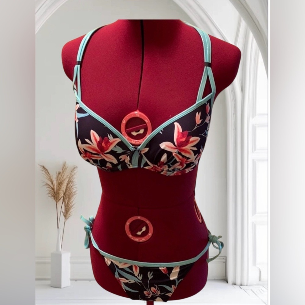 Aubade Tropical Floral Print Bikini set contrasting trim and ties